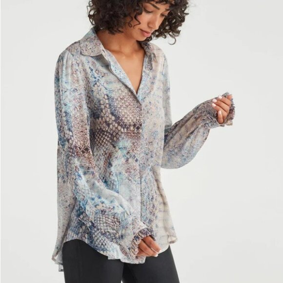 7 For All Mankind Ruffle Cuff Blouse in Pink Snake Print Cuffed Blouse Small - Picture 2 of 12